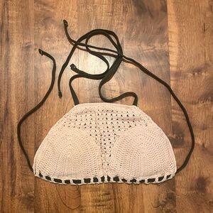Crochet Halter bikini Top - pale pink and olive straps